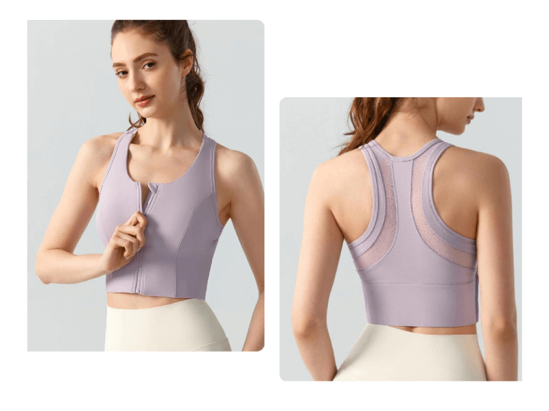 Model showcasing a lavender activewear crop top with zip front and racerback design, perfect for workouts.