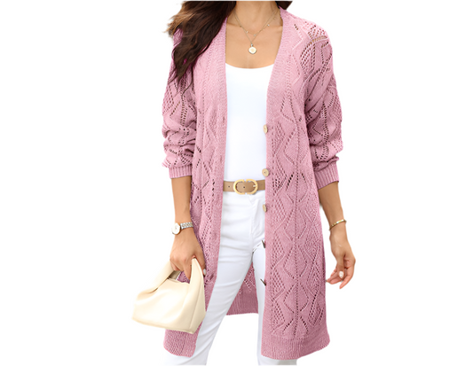 Long Sleeved Button Hollow Cutout Long Cardigan