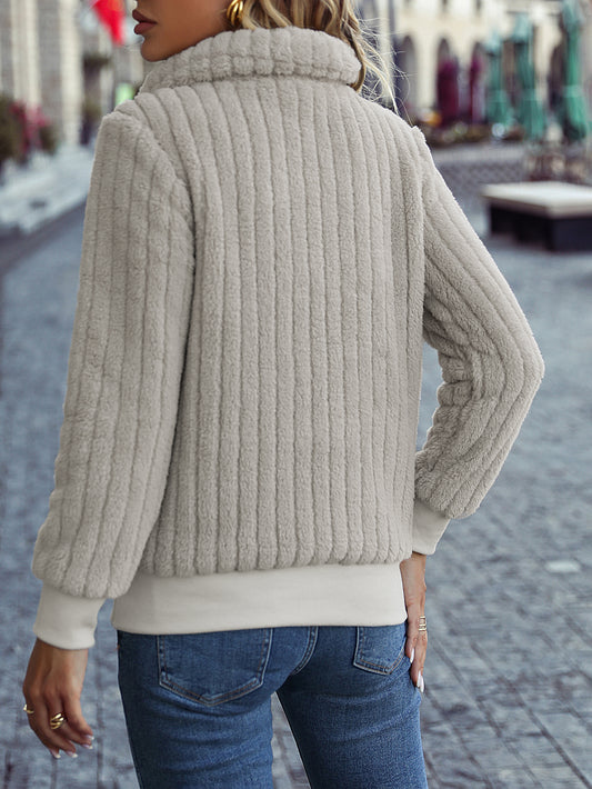 Long Sleeve Short Zipper Sunken Stripe Mid-Length Pullover Sweatshirt