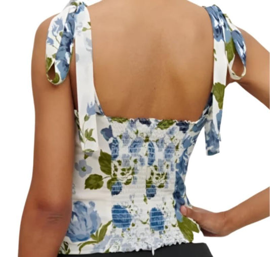 French Vintage Floral Printed Slim Fit Short Top
