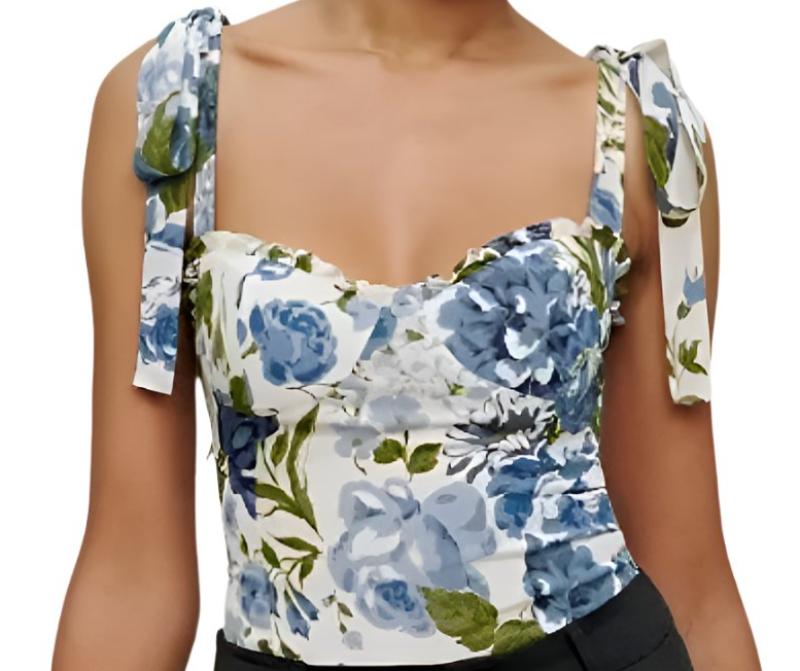 French Vintage Floral Printed Slim Fit Short Top