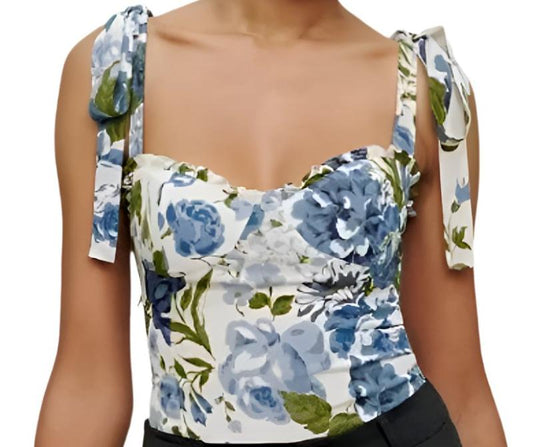 French Vintage Floral Printed Slim Fit Short Top