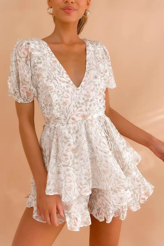 V-neck Slingback Printed Ruffled Short Sleeves Romper