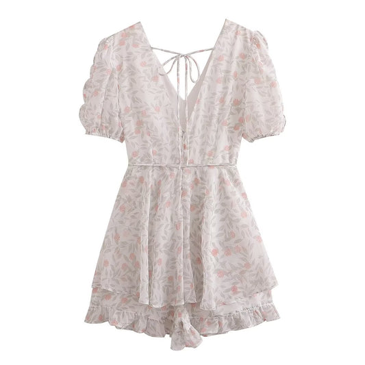 V-neck Slingback Printed Ruffled Short Sleeves Romper