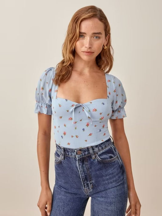 Sweet Square Collar Puff Sleeve Slim Fit Printed Top