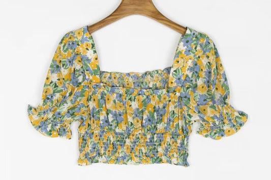 Floral Square Collar Pastoral Puff Sleeve Slim Elastic Waist Blouse