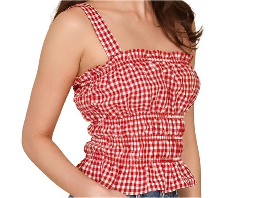French Sweet Ruffled Elastic Pleated Red Plaid Brimmed Top