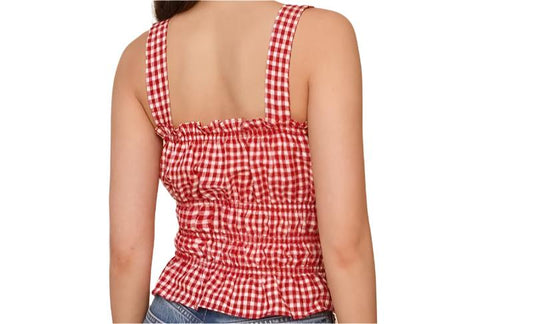 French Sweet Ruffled Elastic Pleated Red Plaid Brimmed Top