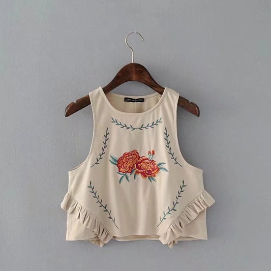 Spring Summer Pullover Contrast Floral Crew Neck Knitted Vest Top