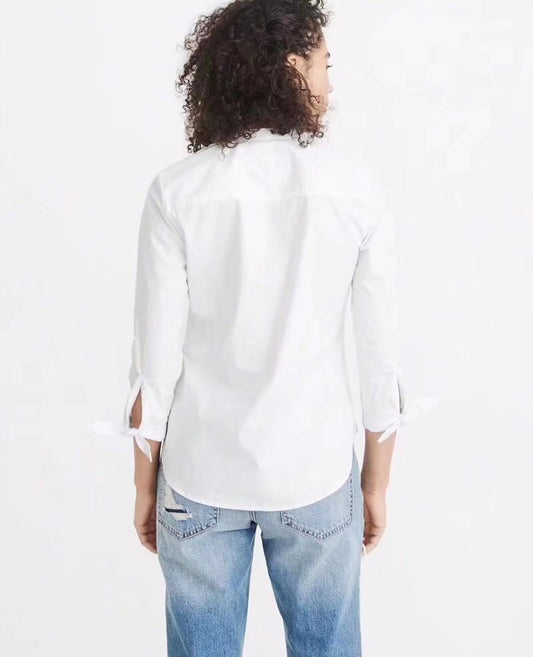 Blue White Striped Floral Embroidery Long Sleeve Polo Shirt Blouse