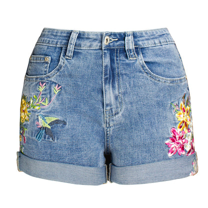 Exquisite Embroidered Floral Denim Shorts
