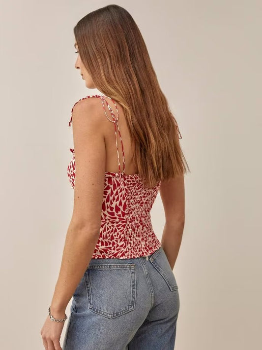 Slim Fit V-Neck Red Love Shoulder Lace Up Spaghetti Strap Camisole Top