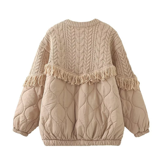Tassel Decorative Knitted Patchwork Cotton Padded Jacket Coat