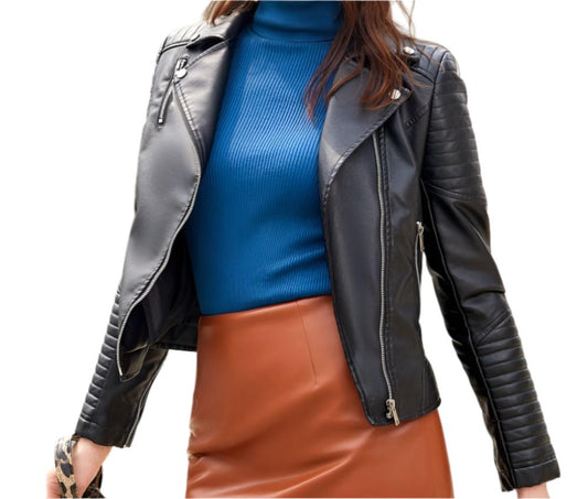 European Leather Collared Motorcycle Oblique Zipper Jacket