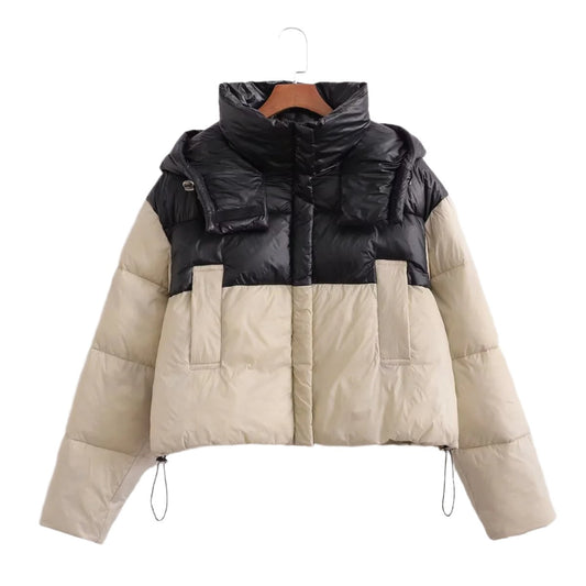 Thick Contrast Color Hooded Cotton Coat