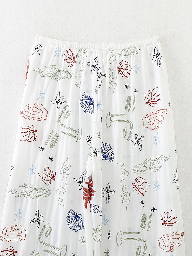 Embroidered Blouse Pants Suit Loungewear