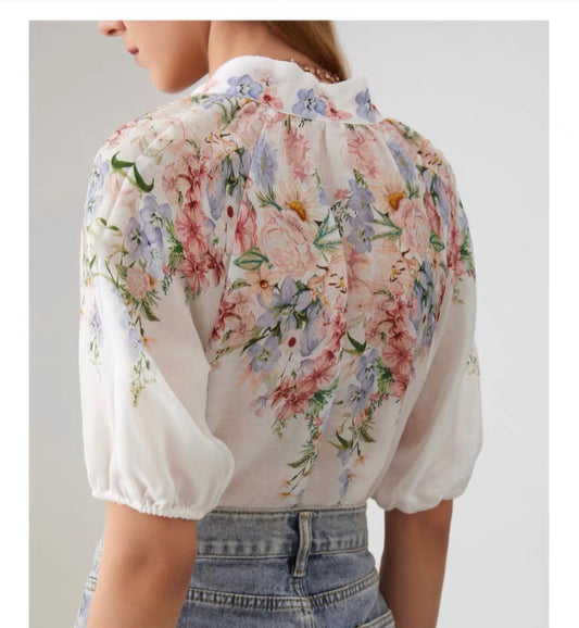French Printed Long Sleeve Loose Fitting Casual Shirt
