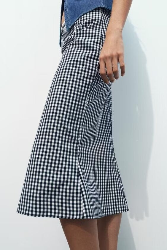 Casual High Waist Vichy Plaid Midi Skirt