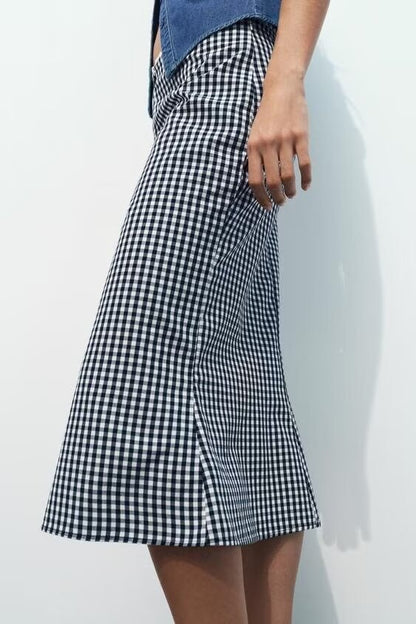 Casual High Waist Vichy Plaid Midi Skirt