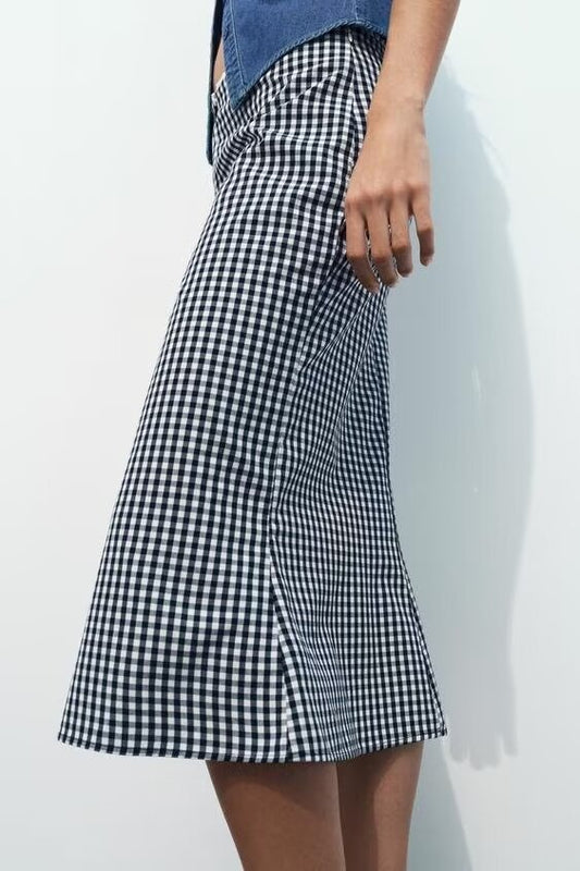 Casual High Waist Vichy Plaid Midi Skirt