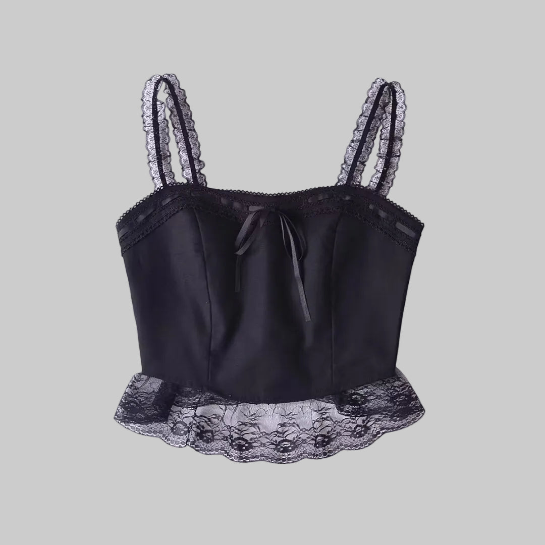 Black satin camisole with lace trim on a white background