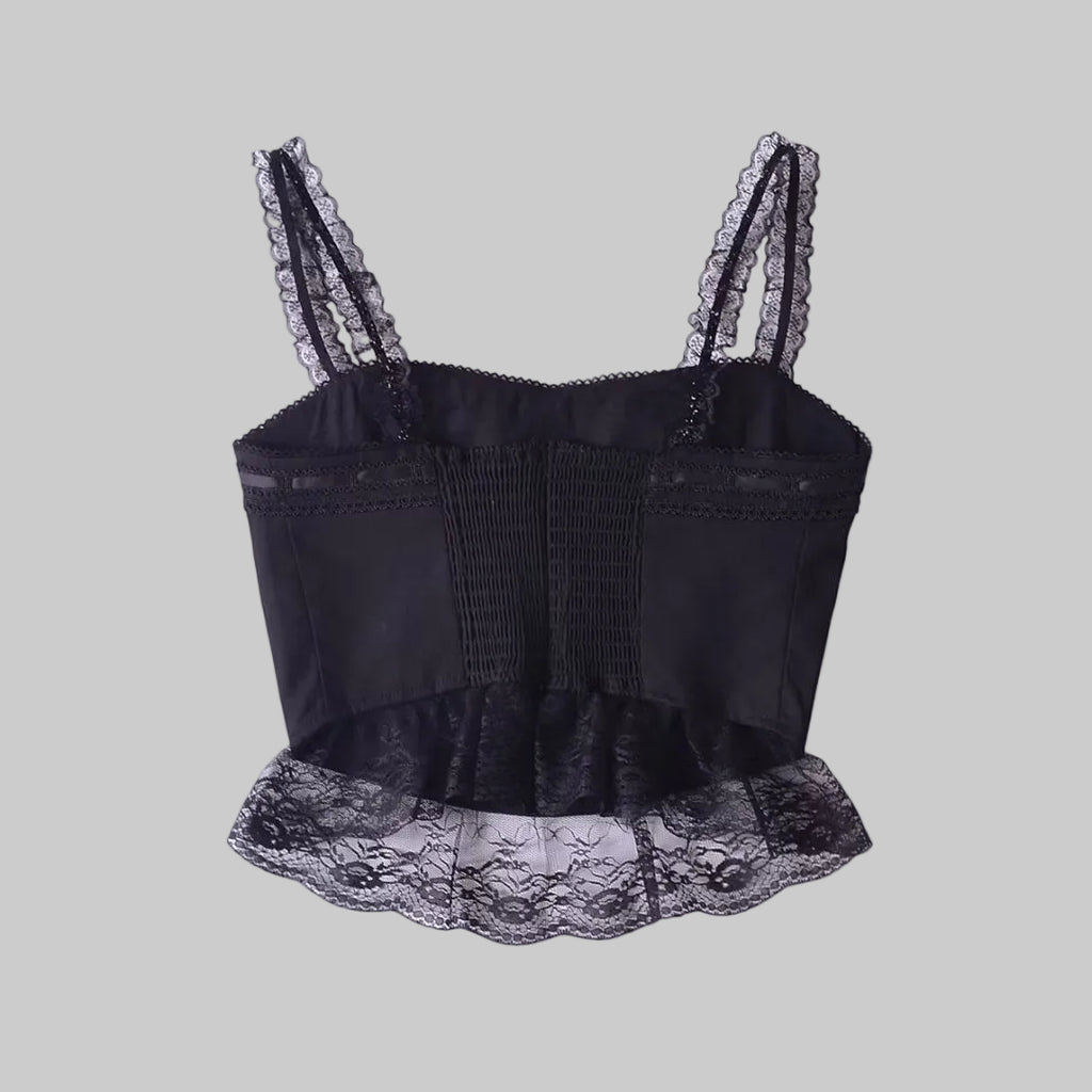 Black lace-trimmed top on a white background