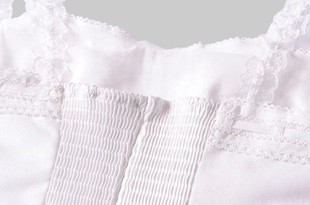 Close-up of a white fabric with lace detailing on a white background