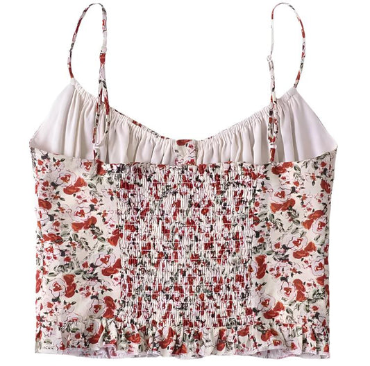 French Vintage Floral Printed Ruffled Button Pleated Cropped Top