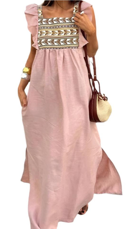 Elegant Pink Embroidery Flying Sleeves Dress