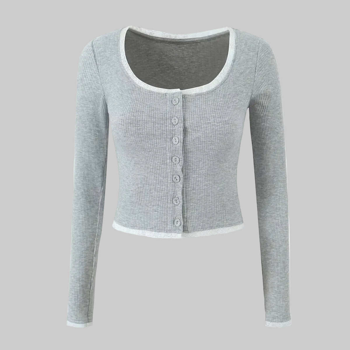Gray long-sleeve cardigan with buttons on a white background