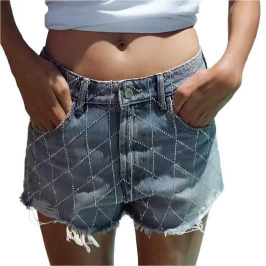 High Waist Stich Edge Denim Shorts
