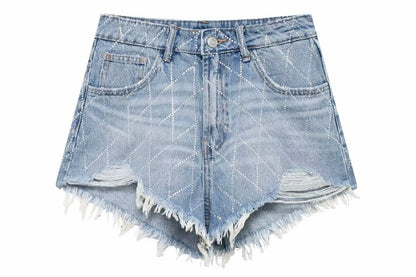 High Waist Stich Edge Denim Shorts