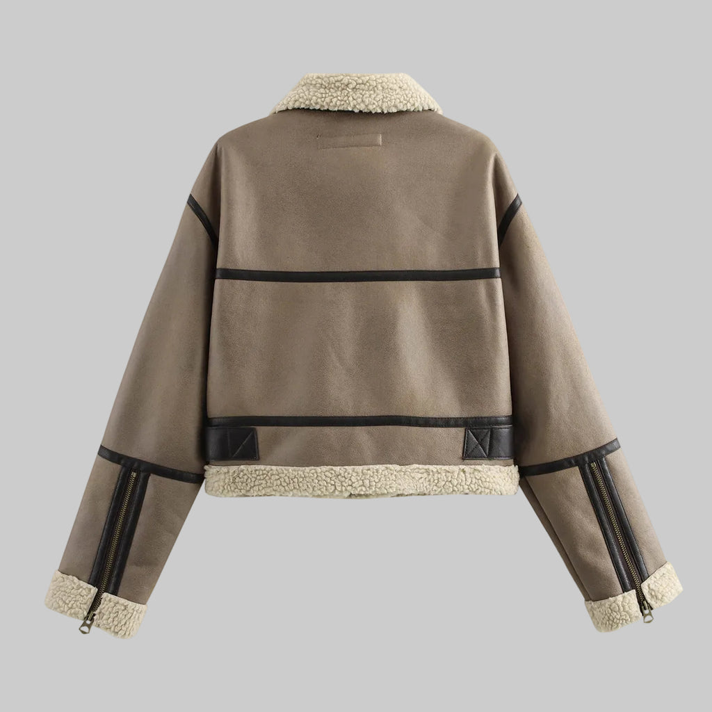 Brown jacket with black accents and beige lining on a white background