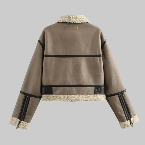 Brown jacket with black accents and beige lining on a white background