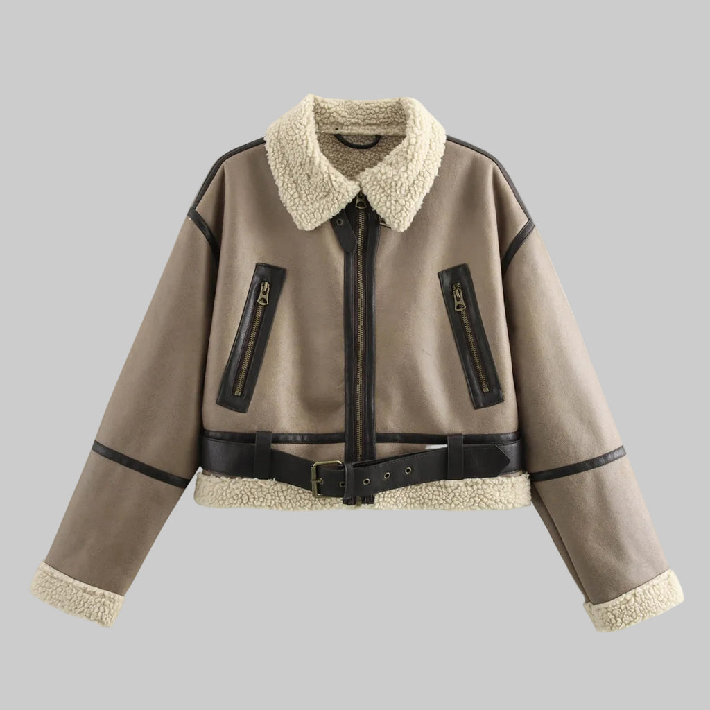 Brown jacket with shearling collar and black accents on a white background