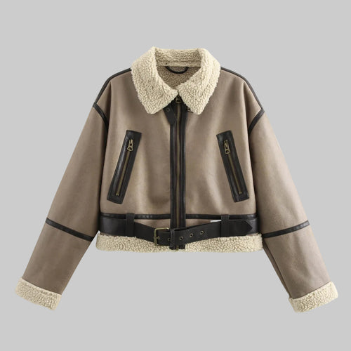 Brown jacket with shearling collar and black accents on a white background