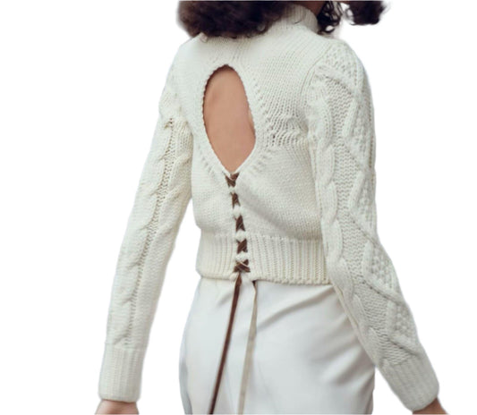 Back Opening Design Eight Strand Knitted Sweater
