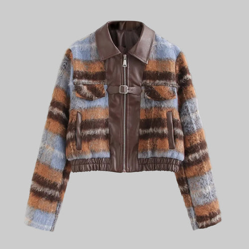 Striped jacket with leather accents on a white background