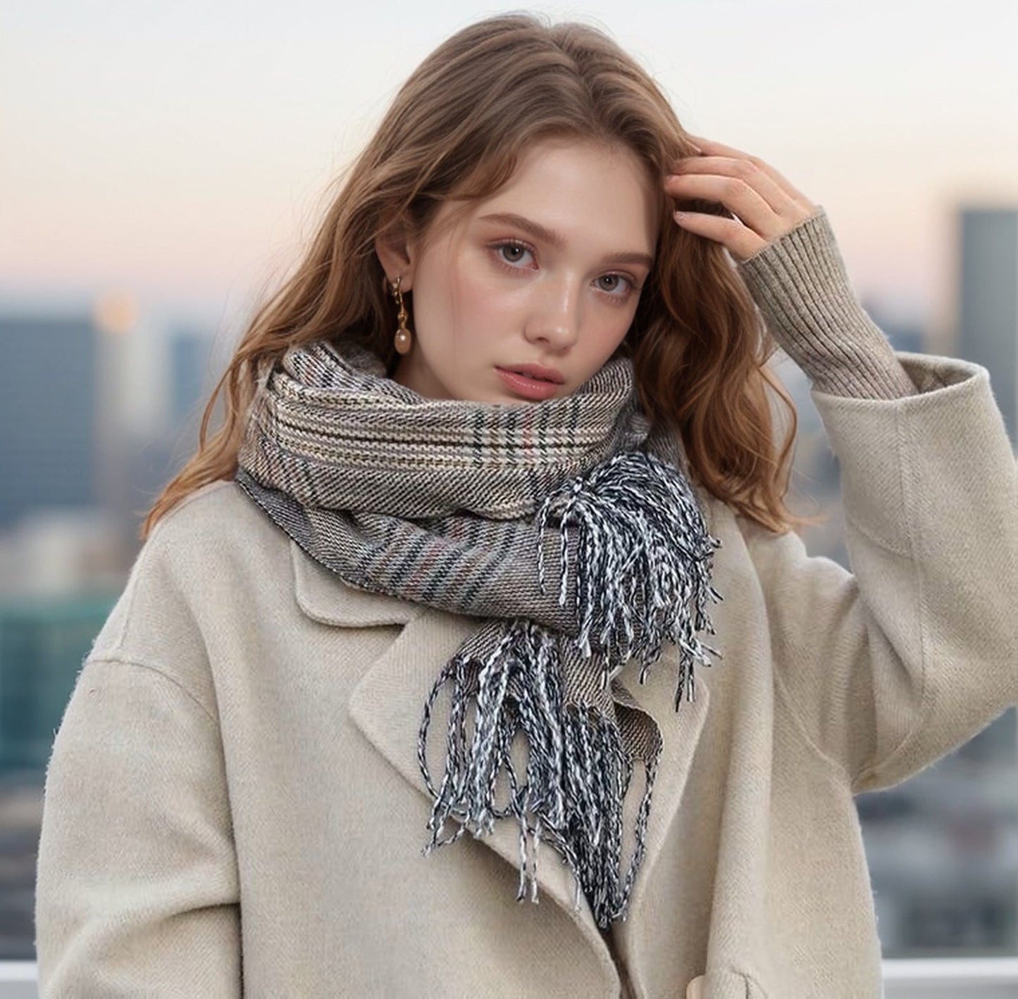 Barbed Fringe Plaid Scarf