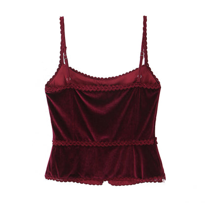Retro V-neck Lace Slim Fit Velvet Top