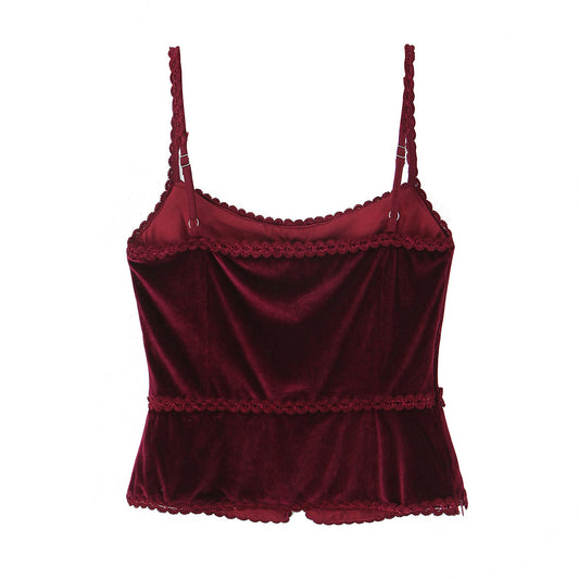 Retro V-neck Lace Slim Fit Velvet Top