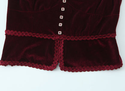 Retro V-neck Lace Slim Fit Velvet Top