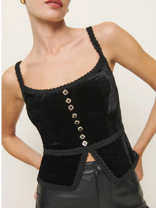 Retro V-neck Lace Slim Fit Velvet Top