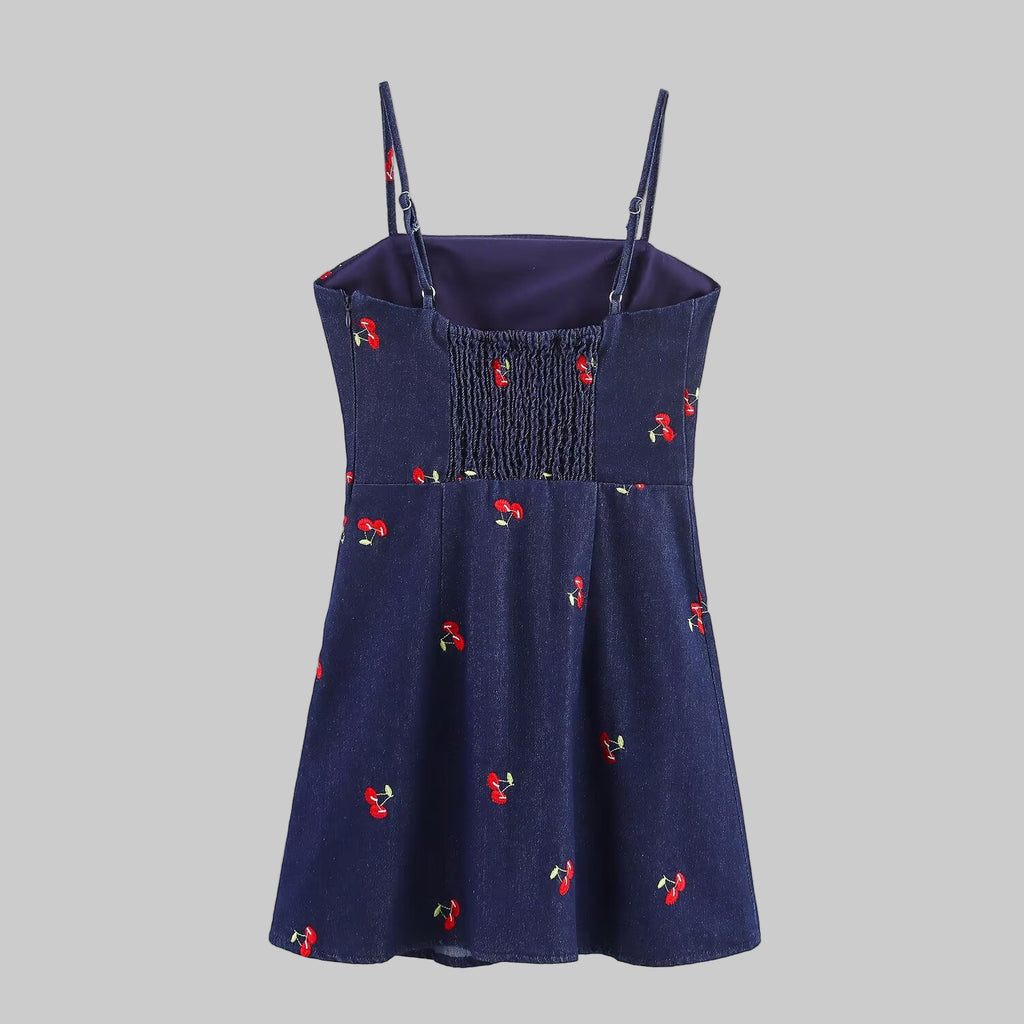 Cherry Embroidered Denim Dress