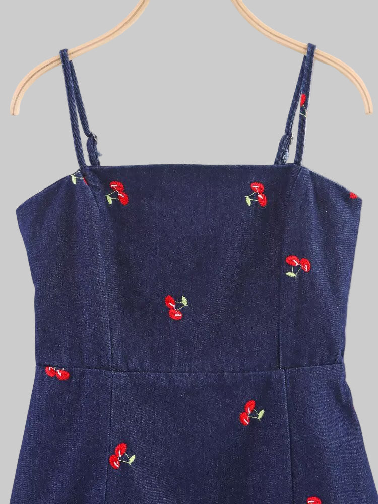 Cherry Embroidered Denim Dress