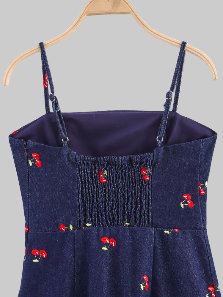 Cherry Embroidered Denim Dress