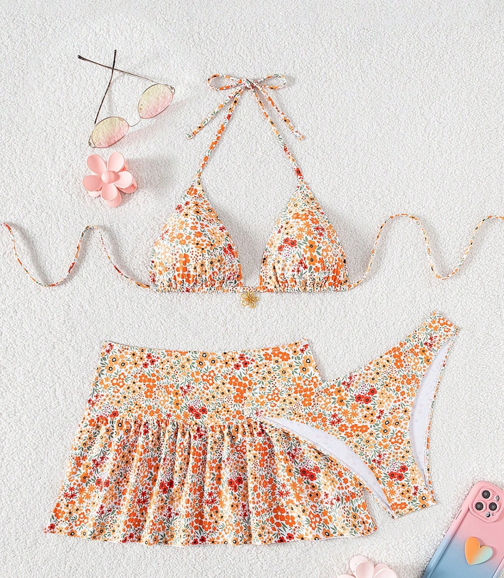Three-Piece Floral Triangle Bikini Set