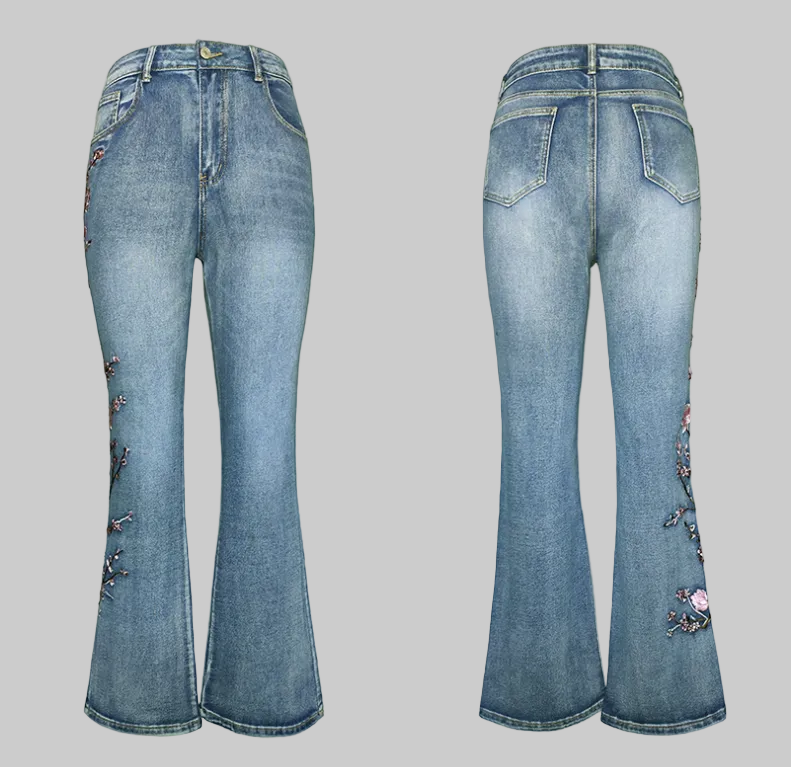 Retro High Waist Embroidery Bootcut Jeans