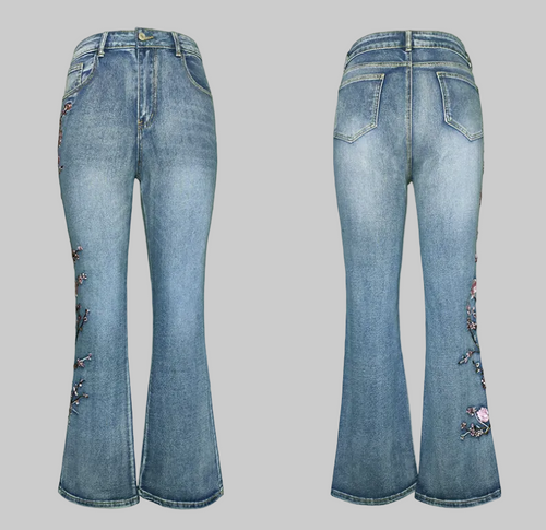 Retro High Waist Embroidery Bootcut Jeans