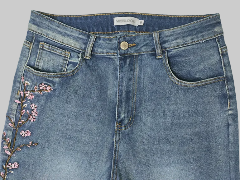Retro High Waist Embroidery Bootcut Jeans